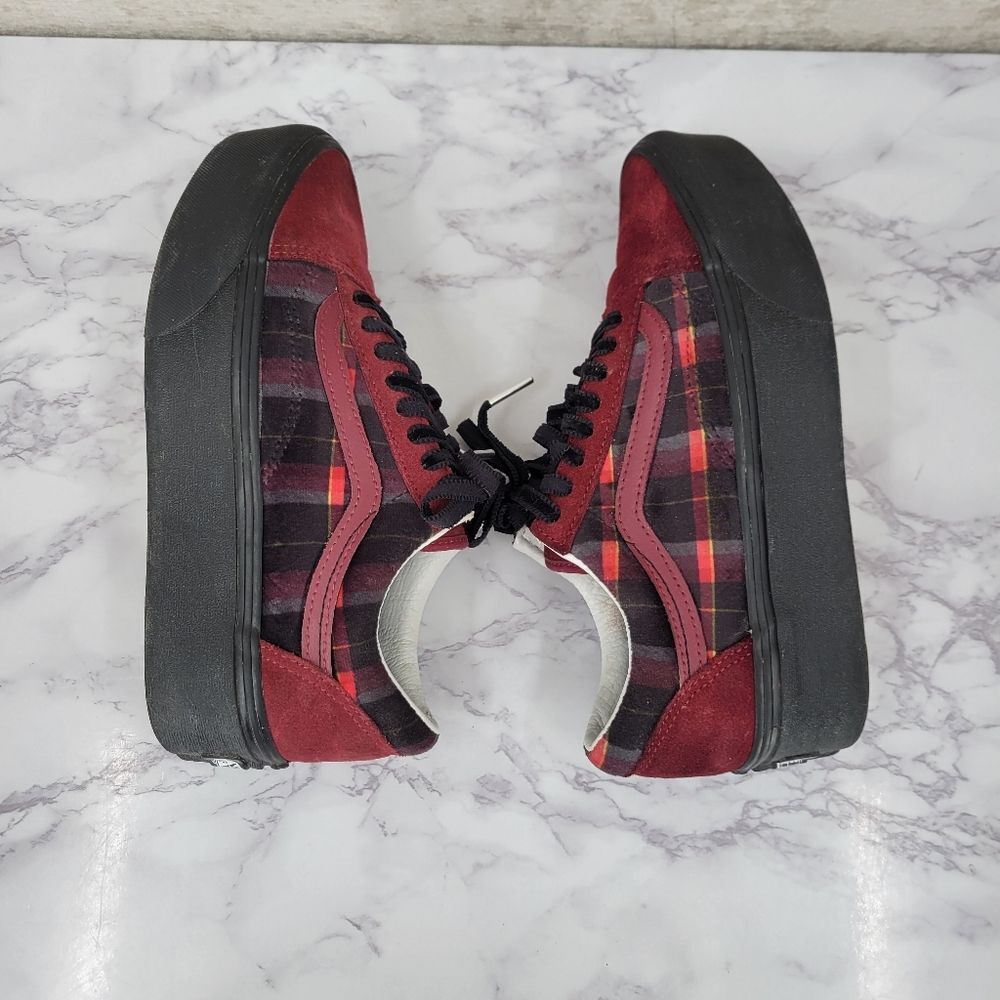 VANS Old Skool Stackform Shoes Red Suede Red & Black Plaid Platform Sneakers - Picture 10 of 13
